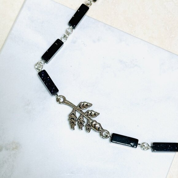 Dark Blue Goldstone Short Necklace w/ Silver Leaf Branch Pendant - Picture 5 of 14